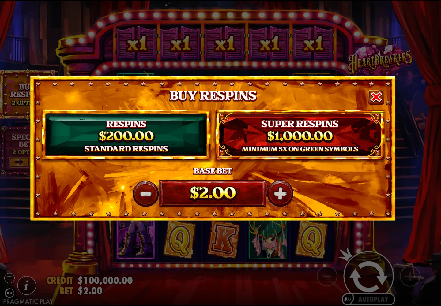Heartbreakers menu with Respins and Super Respins options