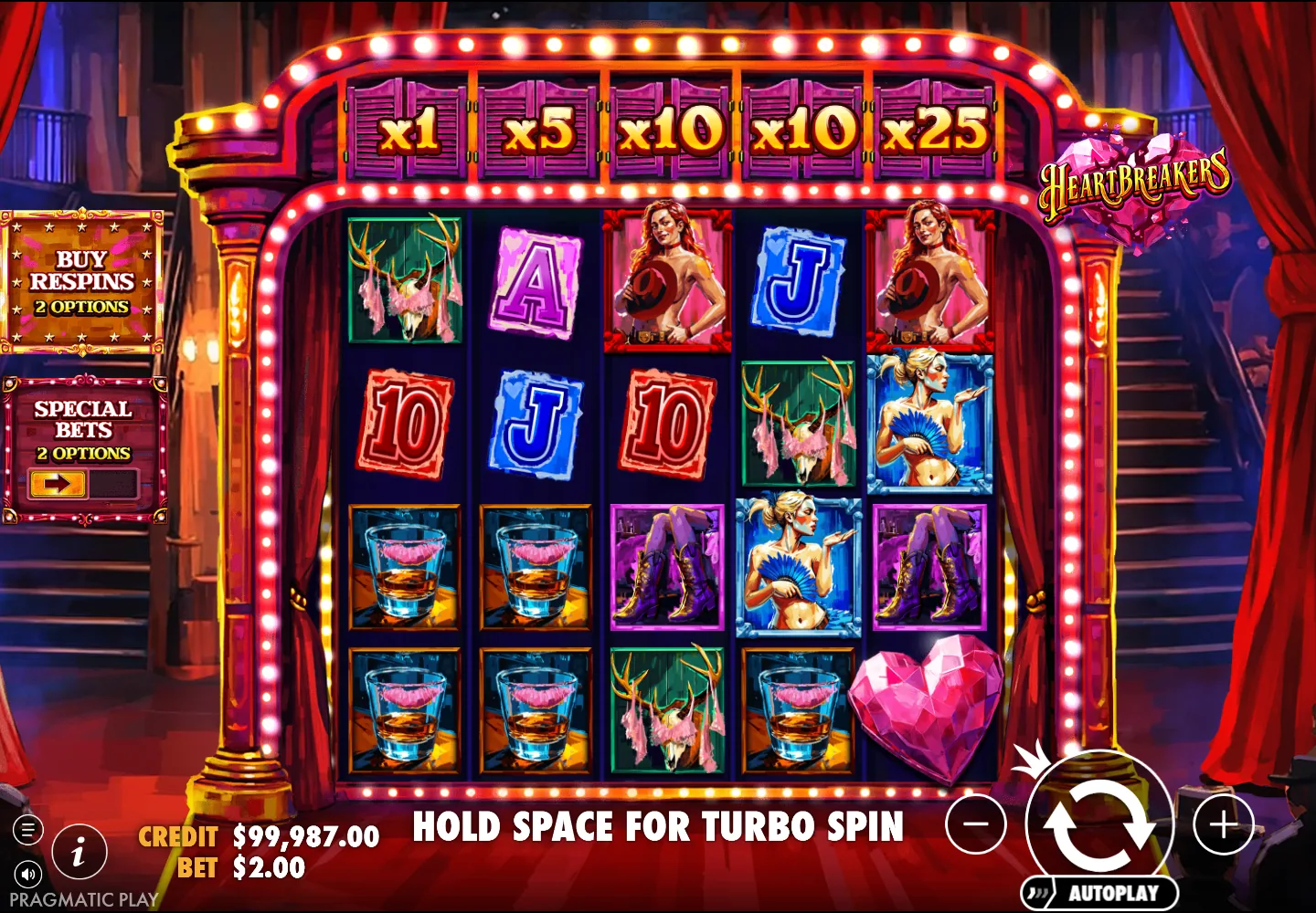 Heartbreakers cabaret symbols with x1 x5 x10 and x25 multipliers